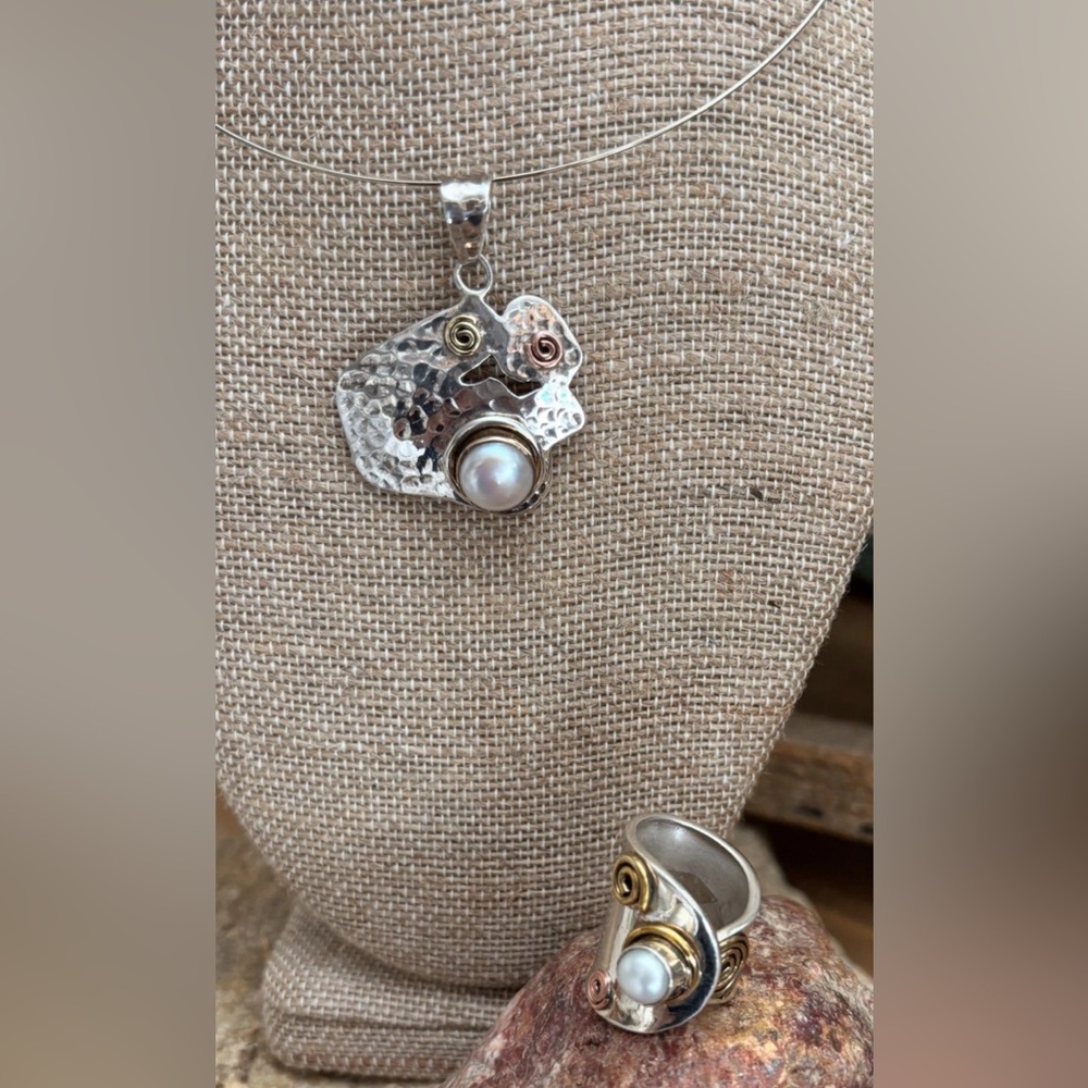 Sterling Silver , Brass, Copper And Pearl BOHO Ring/Pendant Set NEW